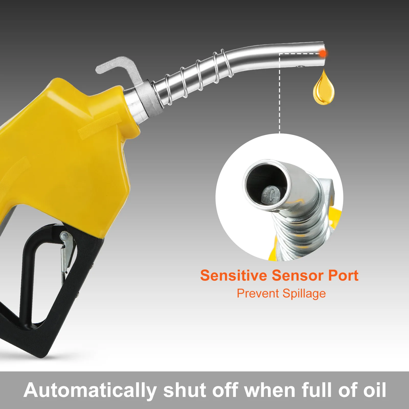 yellow VEVOR automatic fuel nozzle with sensor port and dripping fuel to prevent spillage.