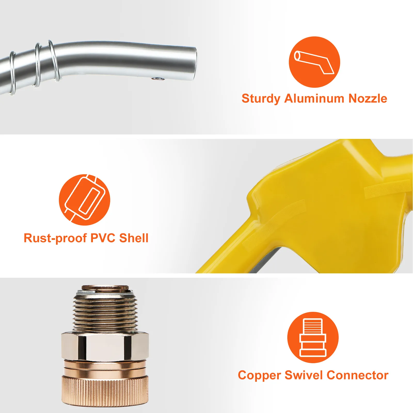 sturdy aluminum nozzle, rust-proof pvc shell, and copper swivel connector on the VEVOR automatic fuel nozzle.