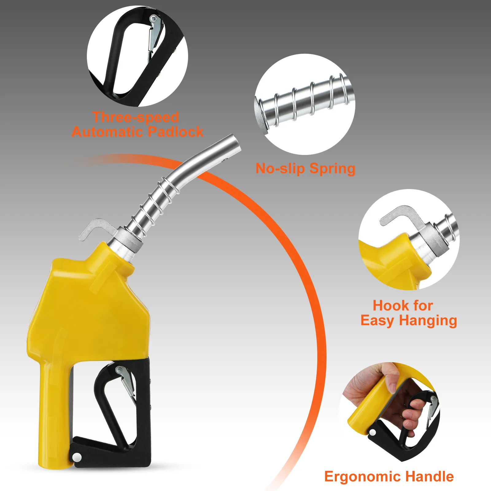 VEVOR automatic fuel nozzle with yellow body, ergonomic handle, three-speed padlock, no-slip spring, and hanging hook.