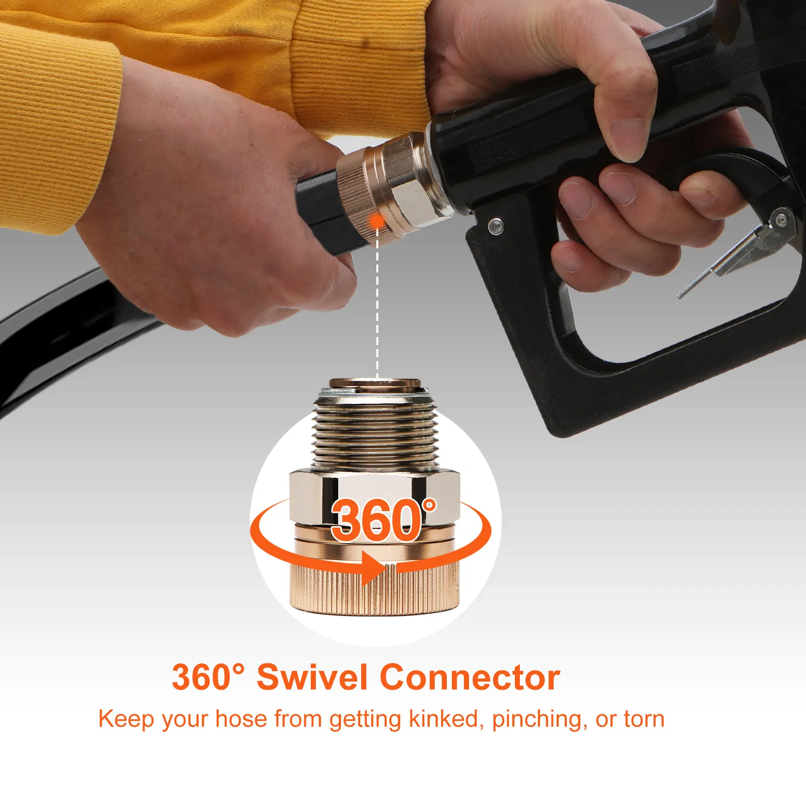 Manos sosteniendo la boquilla de combustible automática VEVOR con conector giratorio de 360 grados para evitar torceduras en la manguera.