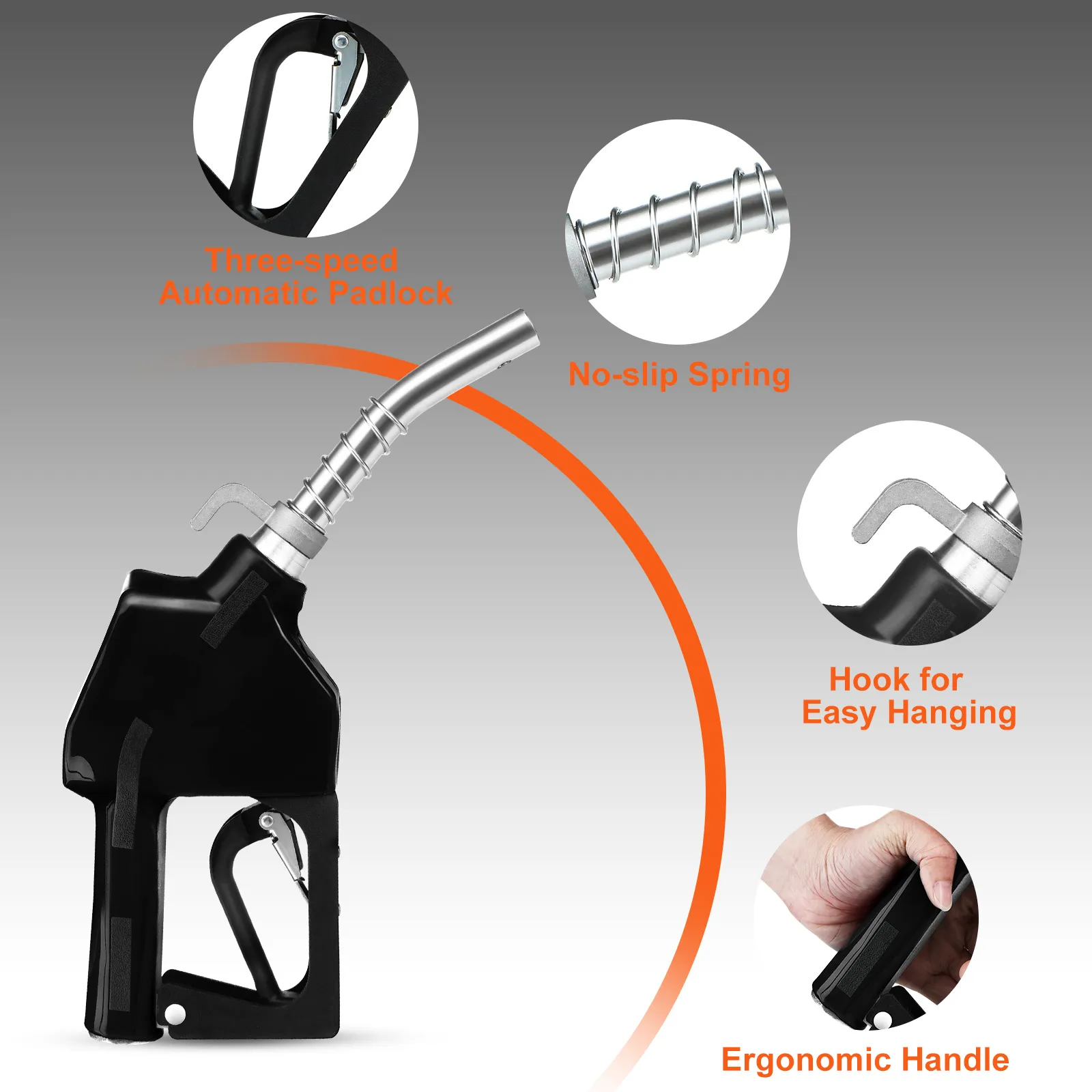 Boquilla de combustible automática VEVOR con candado de tres velocidades, resorte antideslizante, gancho para colgar y mango ergonómico.