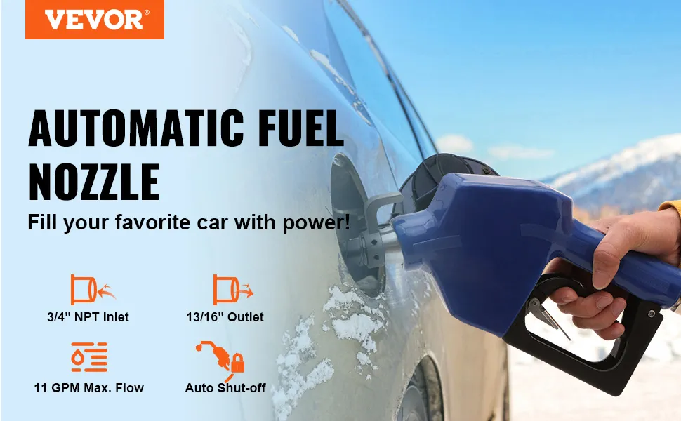 VEVOR automatic fuel nozzle with 3/4" npt inlet and auto shut-off, fueling a car in snowy mountains.