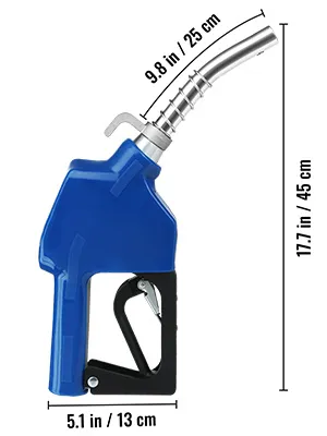 VEVOR automatic fuel nozzle in blue with dimensions 17.7 in/45 cm by 5.1 in/13 cm by 9.8 in/25 cm.