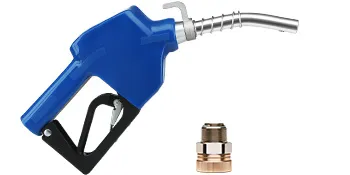 blue VEVOR automatic fuel nozzle with black handle and metal connection fitting.