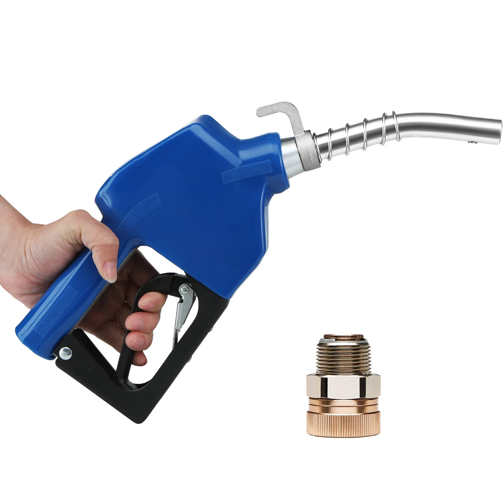 hand holding blue VEVOR automatic fuel nozzle beside a brass connector.