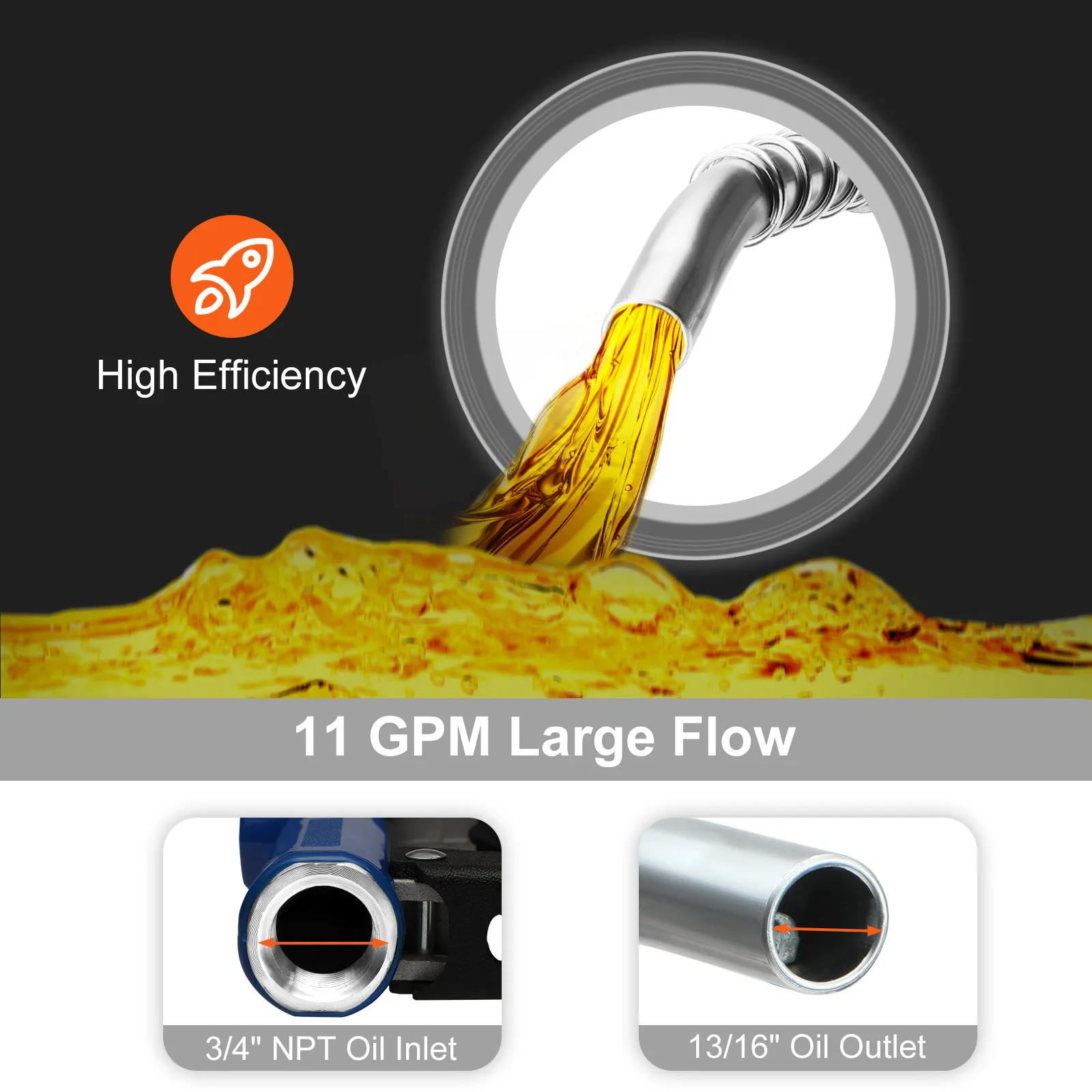 VEVOR automatic fuel nozzle showing high efficiency and 11 gpm large flow with 3/4" npt oil inlet and 13/16" oil outlet.