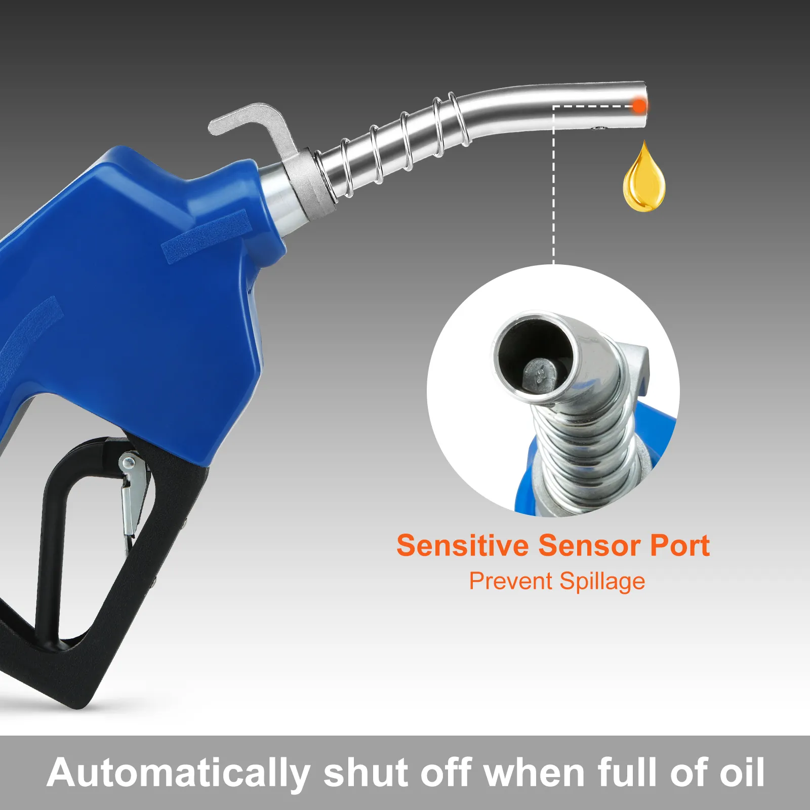 blue VEVOR automatic fuel nozzle with sensor port and text: "automatically shut off when full of oil".