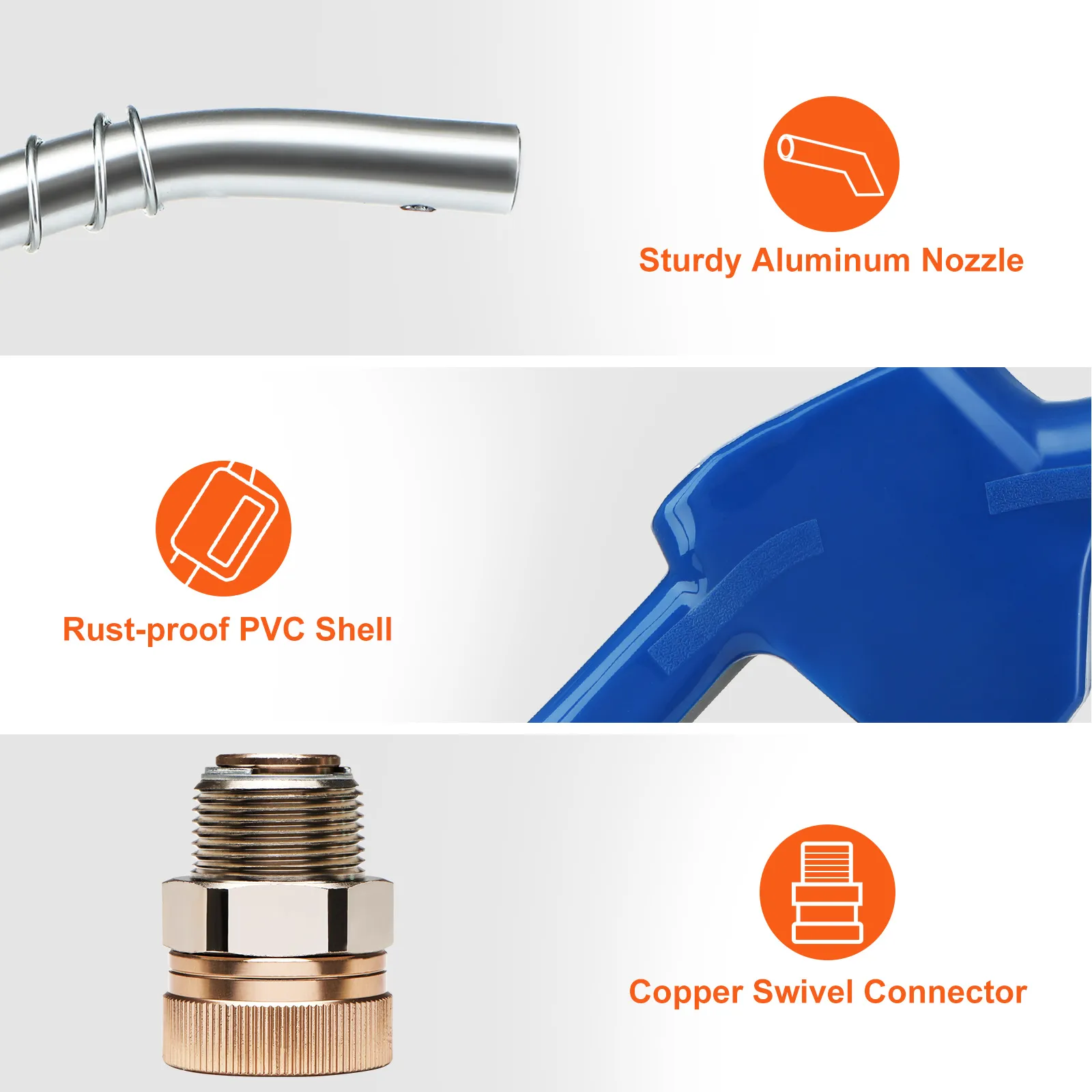 sturdy aluminum VEVOR automatic fuel nozzle with rust-proof pvc shell and copper swivel connector.