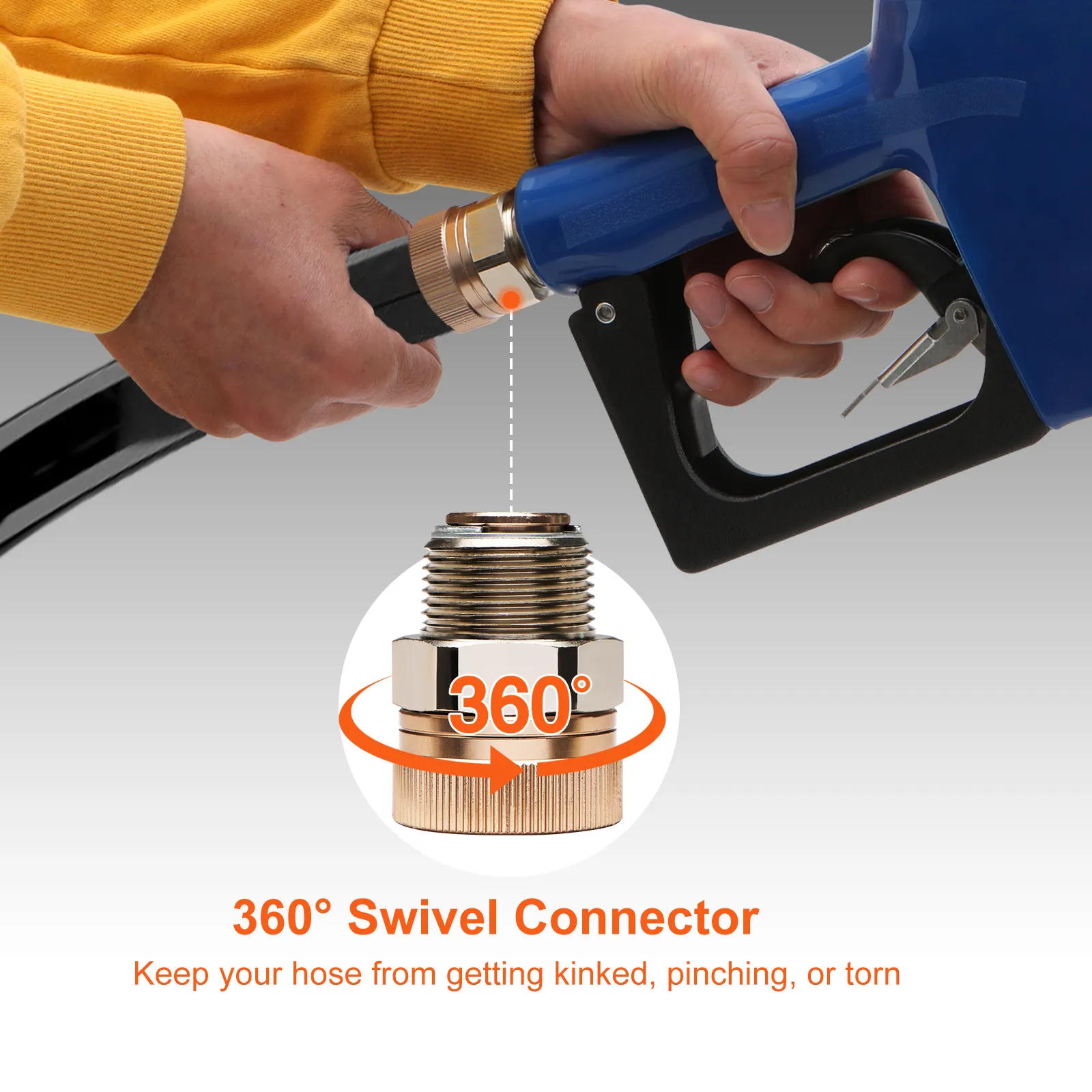VEVOR automatic fuel nozzle with 360° swivel connector to prevent hose kinks, pinching, or tearing.