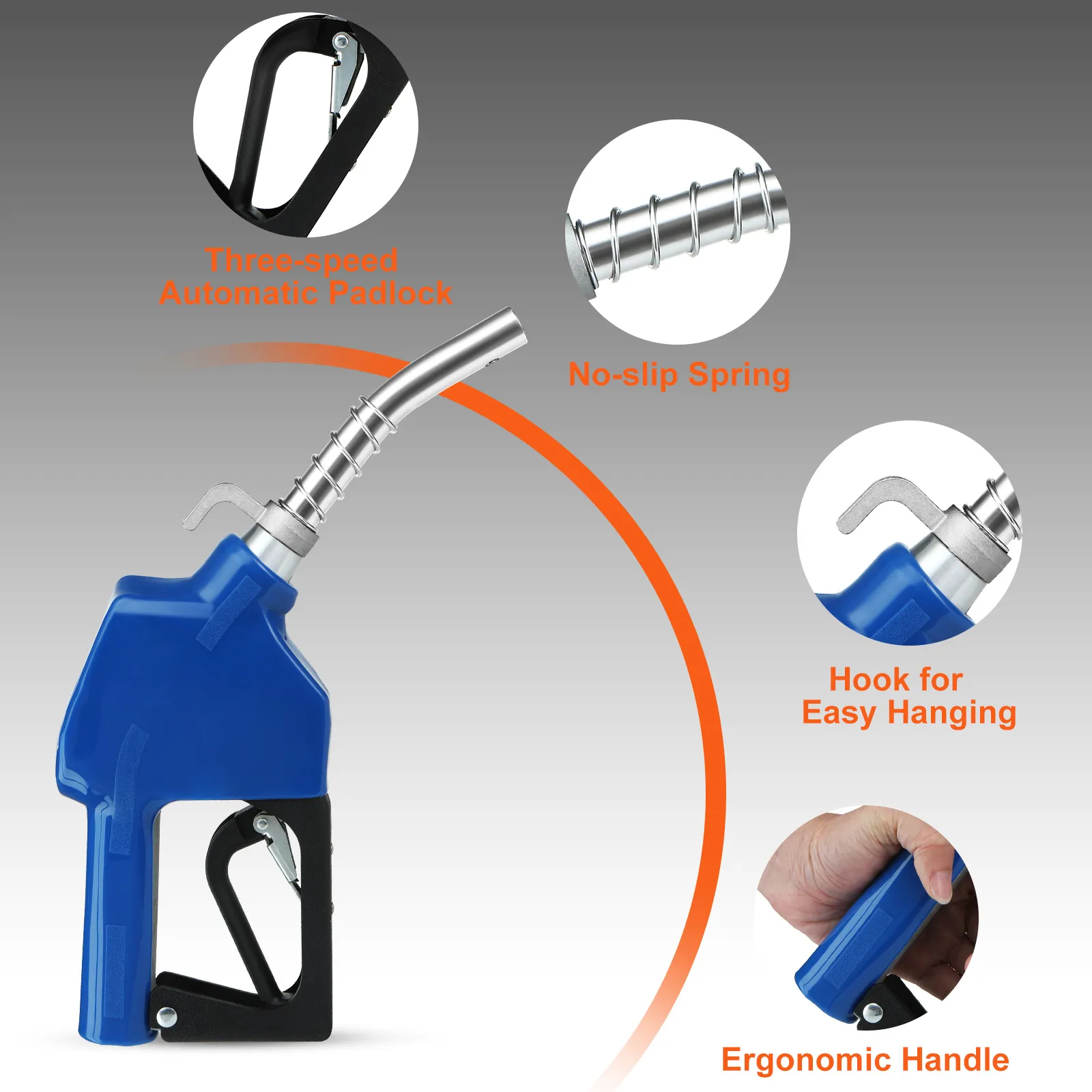 VEVOR automatic fuel nozzle with three-speed automatic padlock, no-slip spring, hook, and ergonomic handle.