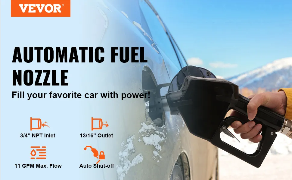 Boquilla de combustible VEVOR en uso, cargando combustible a un automóvil con montañas nevadas de fondo.