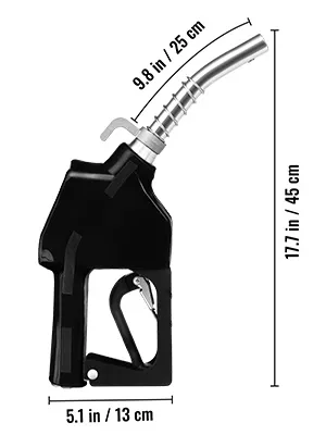 Boquilla de combustible VEVOR, negra con punta plateada, dimensiones: 17,7 pulgadas x 9,8 pulgadas x 5,1 pulgadas (45 cm x 25 cm x 13 cm).
