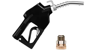 Boquilla de combustible VEVOR negra con accesorio de montaje de metal sobre fondo blanco.