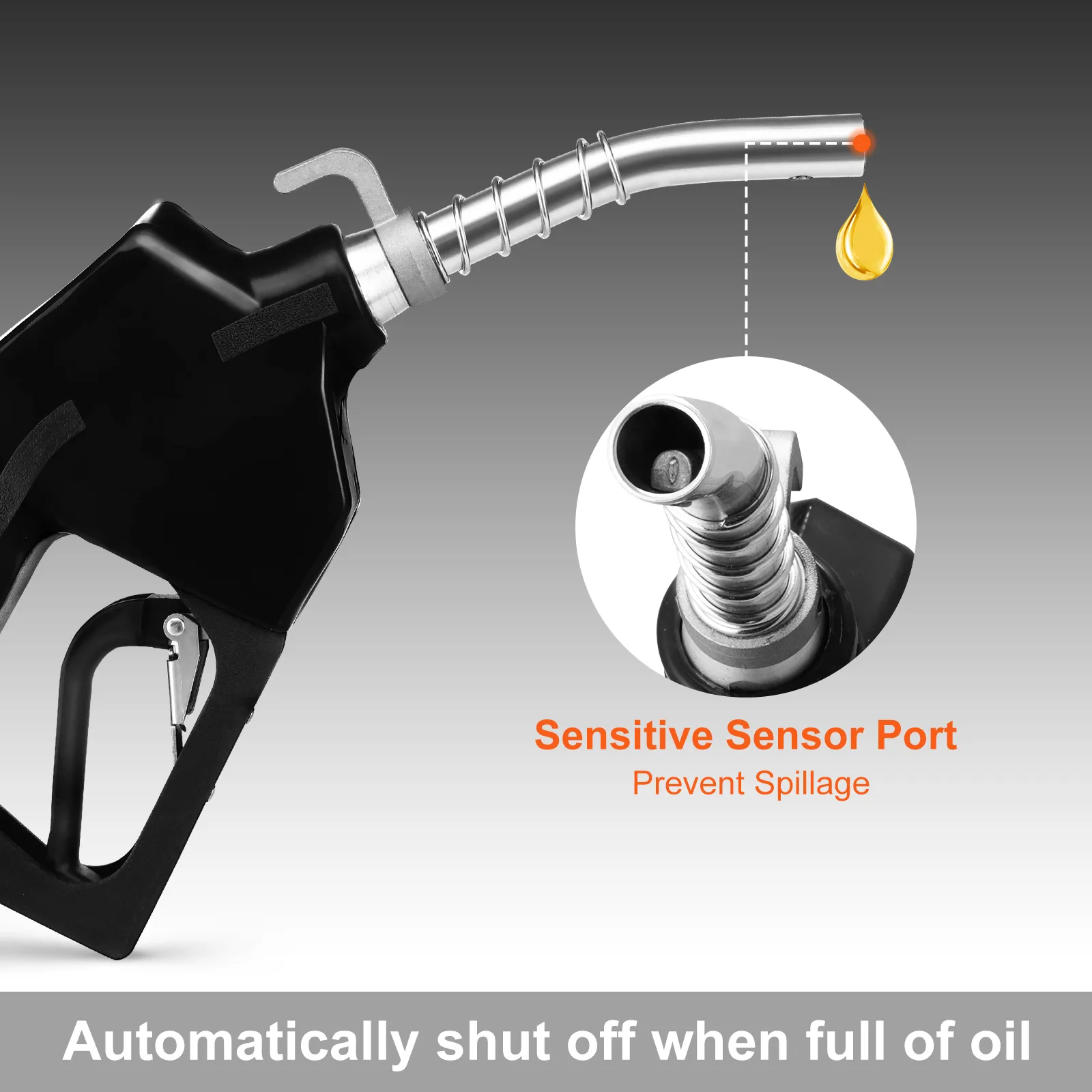 Boquilla de combustible VEVOR negra con puerto de sensor para evitar derrames y apagado automático.