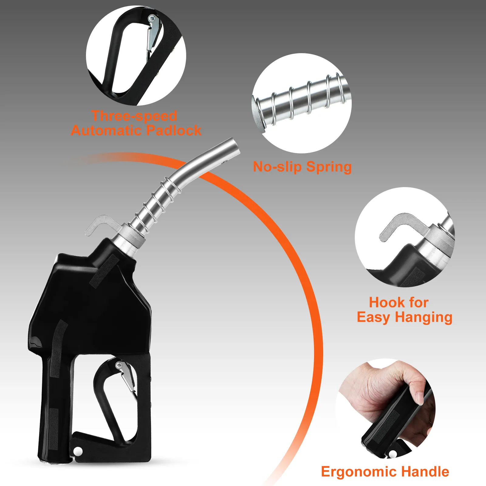 Boquilla de combustible VEVOR con mango ergonómico, candado automático de tres velocidades, resorte antideslizante y gancho para colgar.