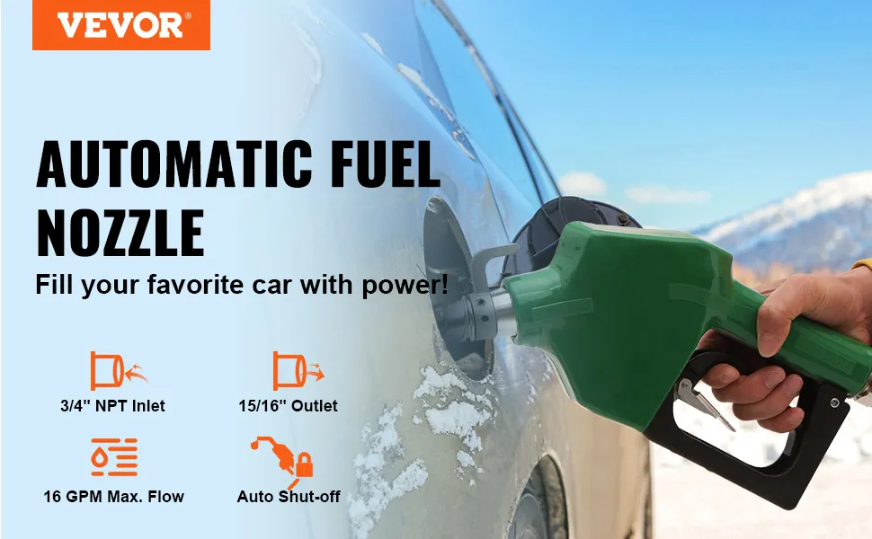 VEVOR automatic fuel nozzle filling a car in a snowy landscape, showcasing features and specifications.