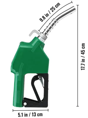 green VEVOR automatic fuel nozzle with dimensions: 17.7 in/45 cm, 9.8 in/25 cm, and 5.1 in/13 cm