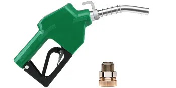 green VEVOR automatic fuel nozzle with brass connector piece.