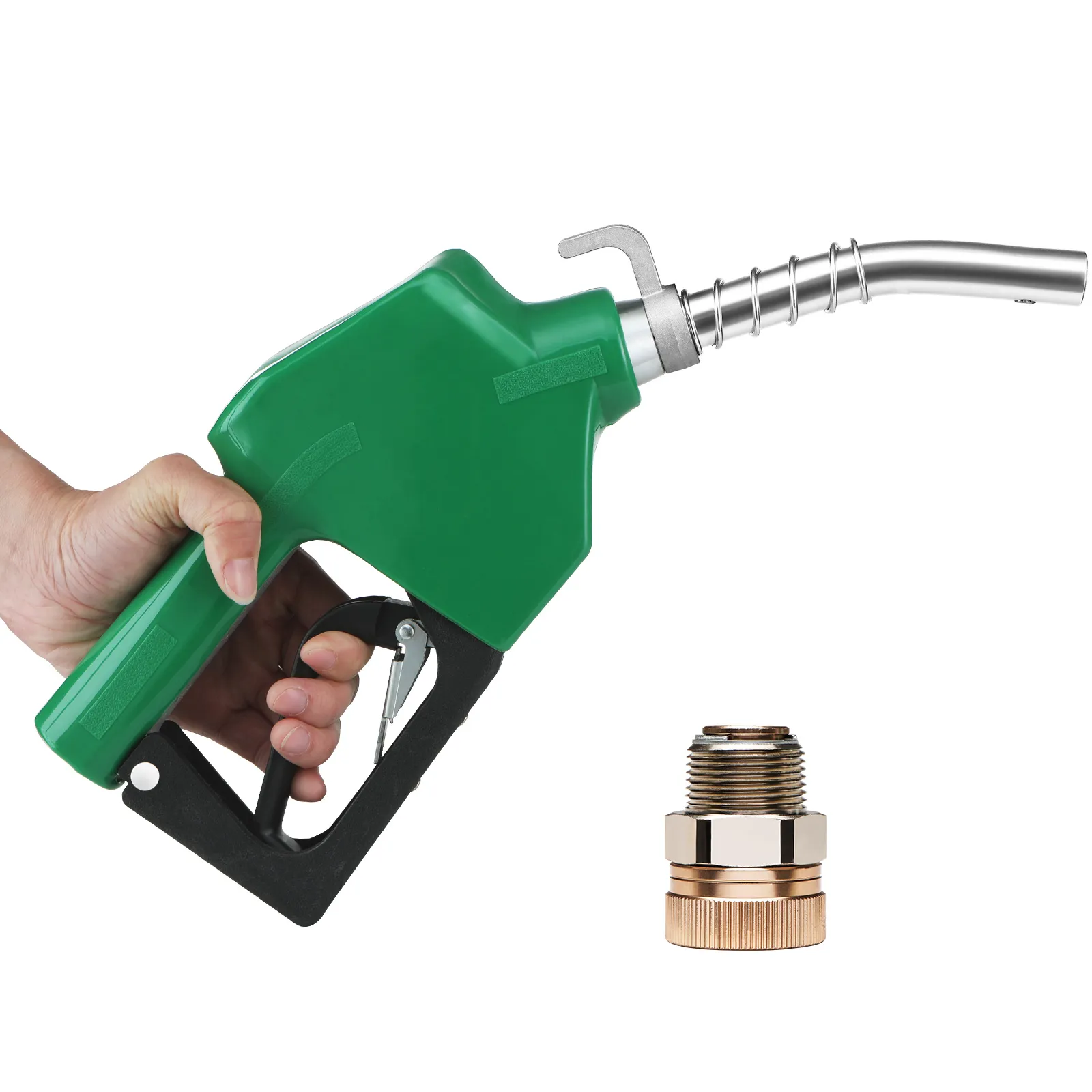 green VEVOR automatic fuel nozzle held in hand, showing spout and brass connector fitting nearby.