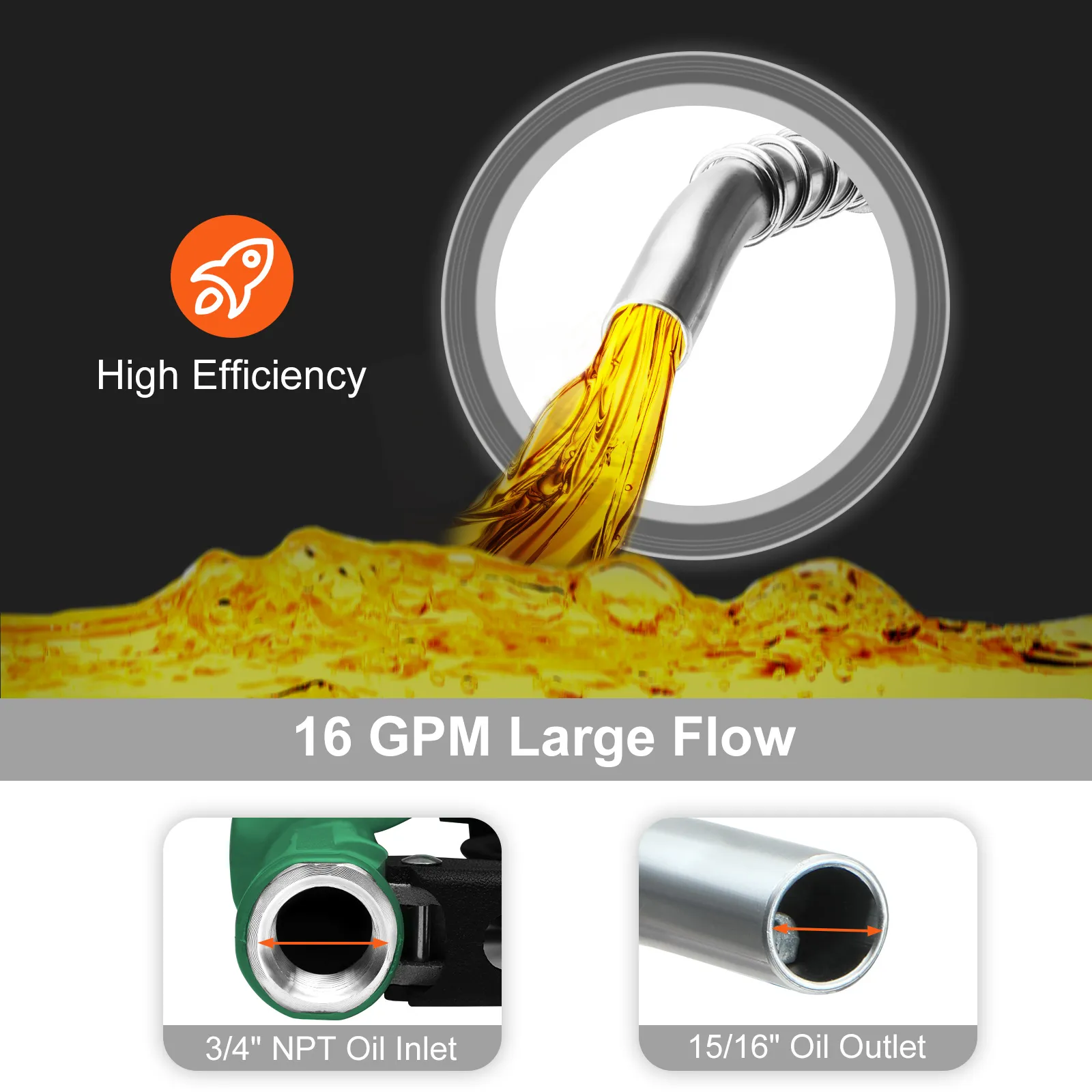 VEVOR automatic fuel nozzle: high efficiency, 16 gpm flow, 3/4" npt oil inlet, 15/16" oil outlet.