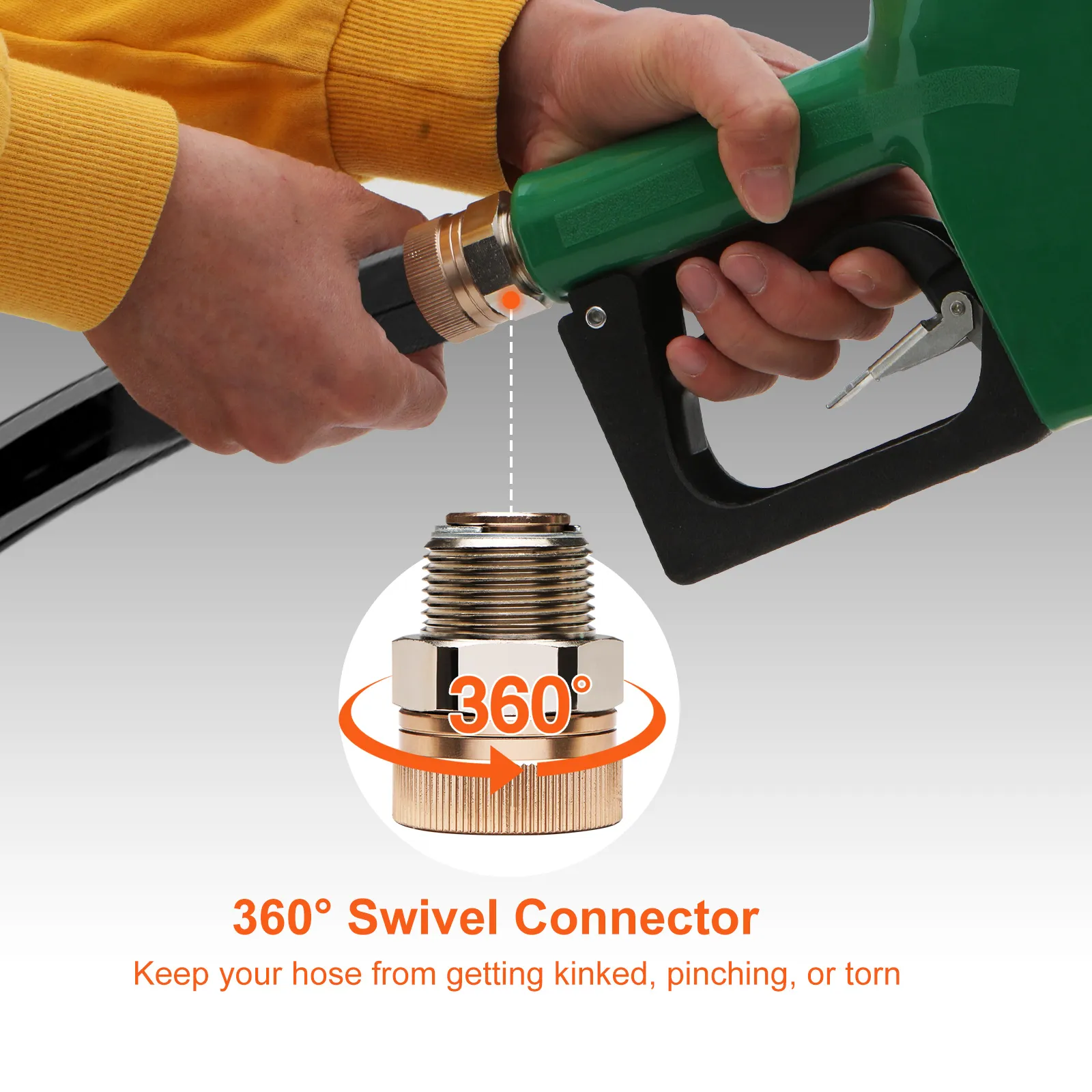 hands demonstrating the 360° swivel connector on a VEVOR automatic fuel nozzle.