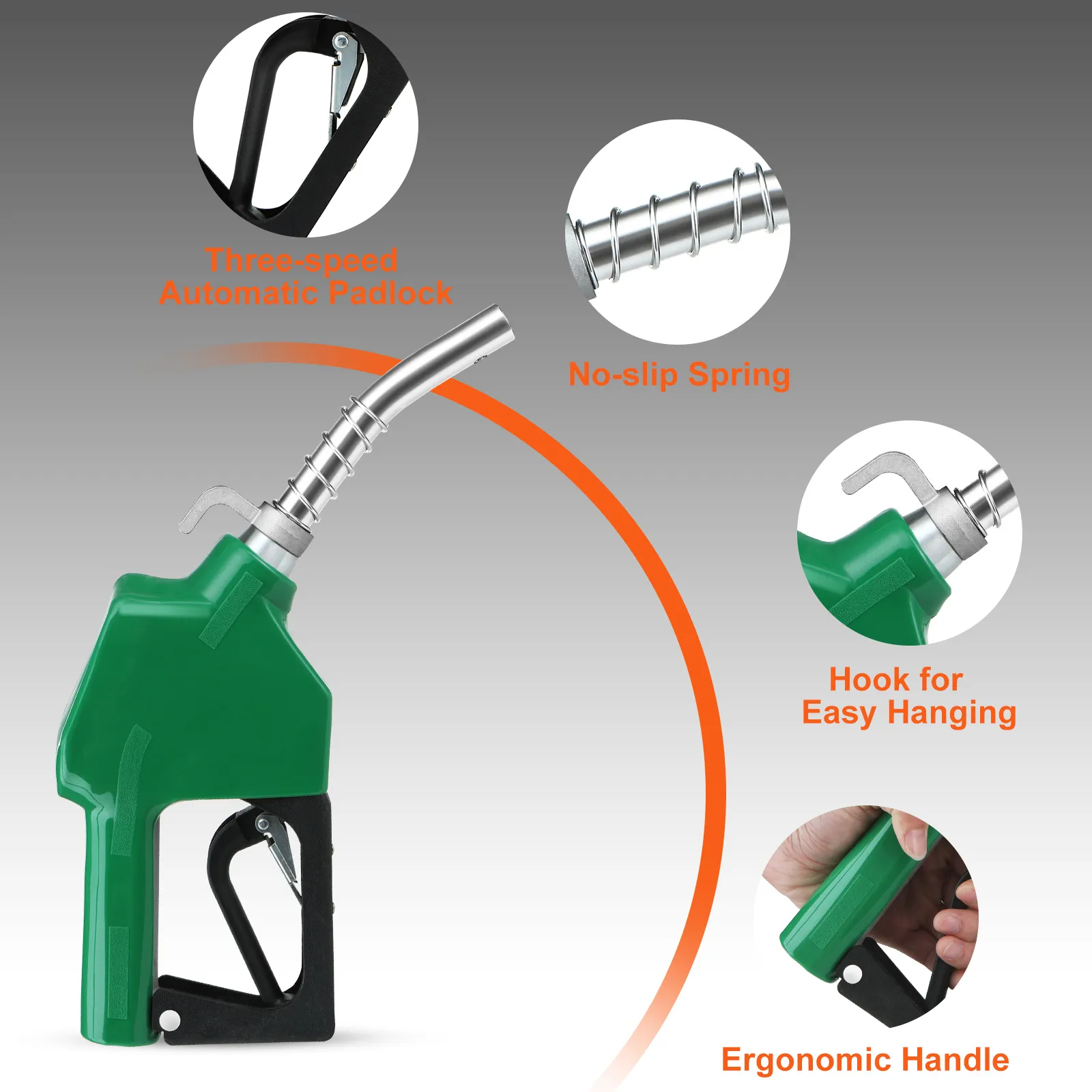 green VEVOR automatic fuel nozzle with three-speed padlock, no-slip spring, and ergonomic handle design.