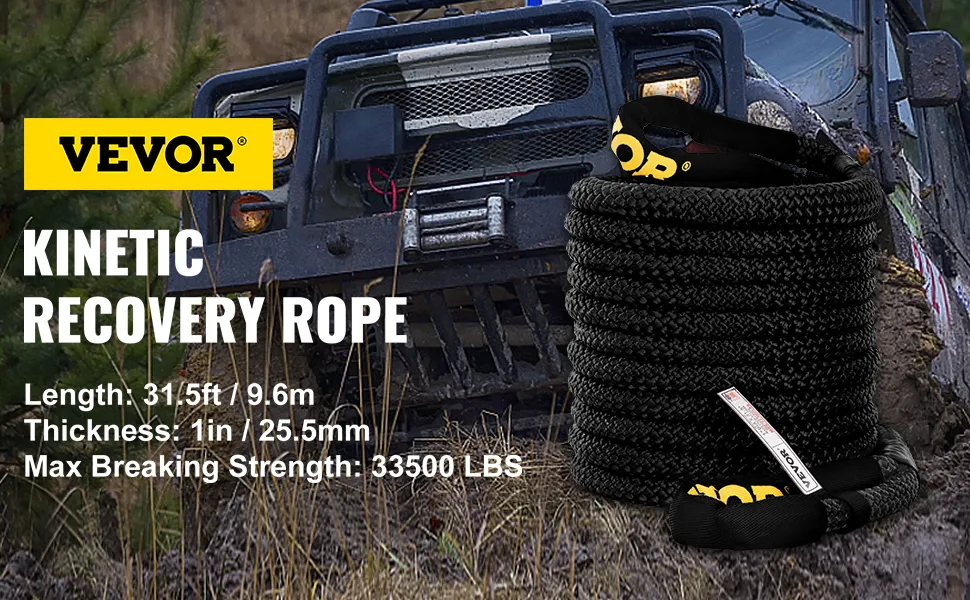 VEVOR kinetic recovery rope shown with off-road truck in muddy terrain.