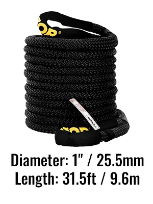 VEVOR kinetic recovery rope, 1" diameter, 31.5ft length, black, coiled.