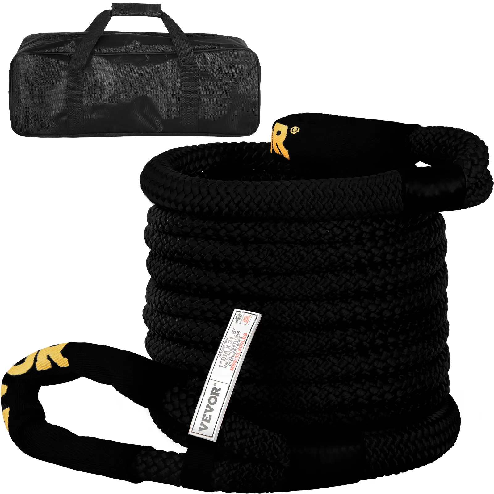 VEVOR kinetic recovery rope with carrying bag, coiled black rope for heavy-duty use.