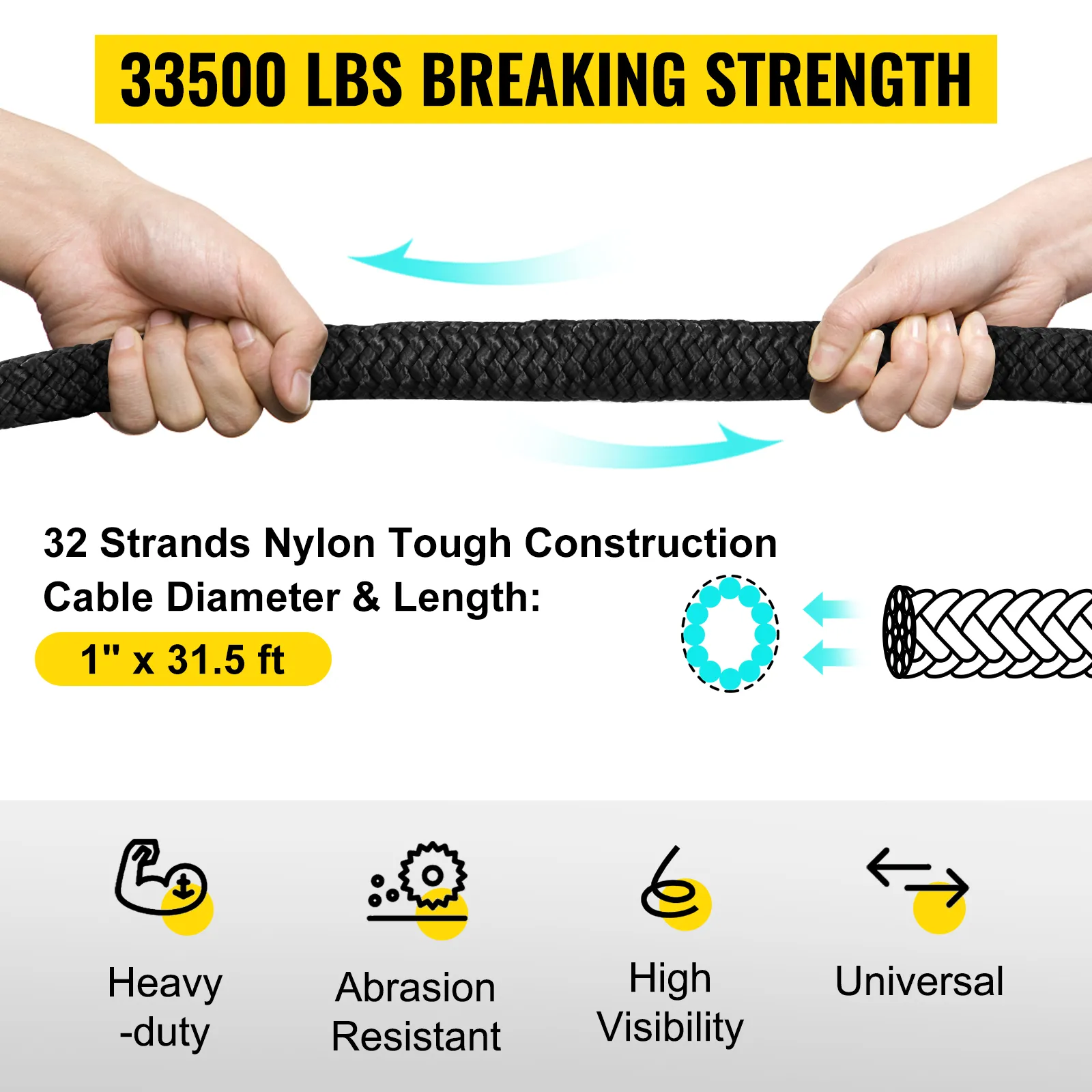 VEVOR kinetic recovery rope, 33500 lbs breaking strength, heavy-duty, nylon, 1"x31.5 ft.