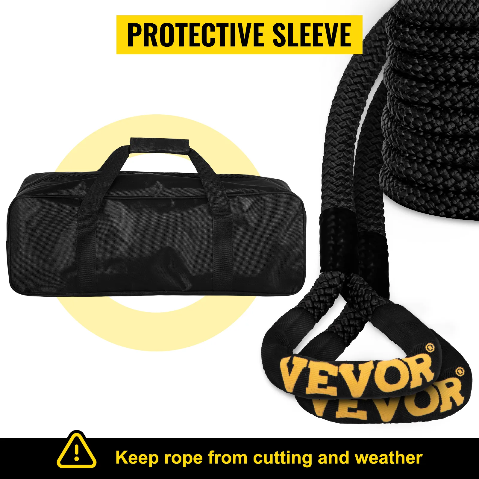 VEVOR kinetic recovery rope with protective sleeve and carrying bag, prevents wear.