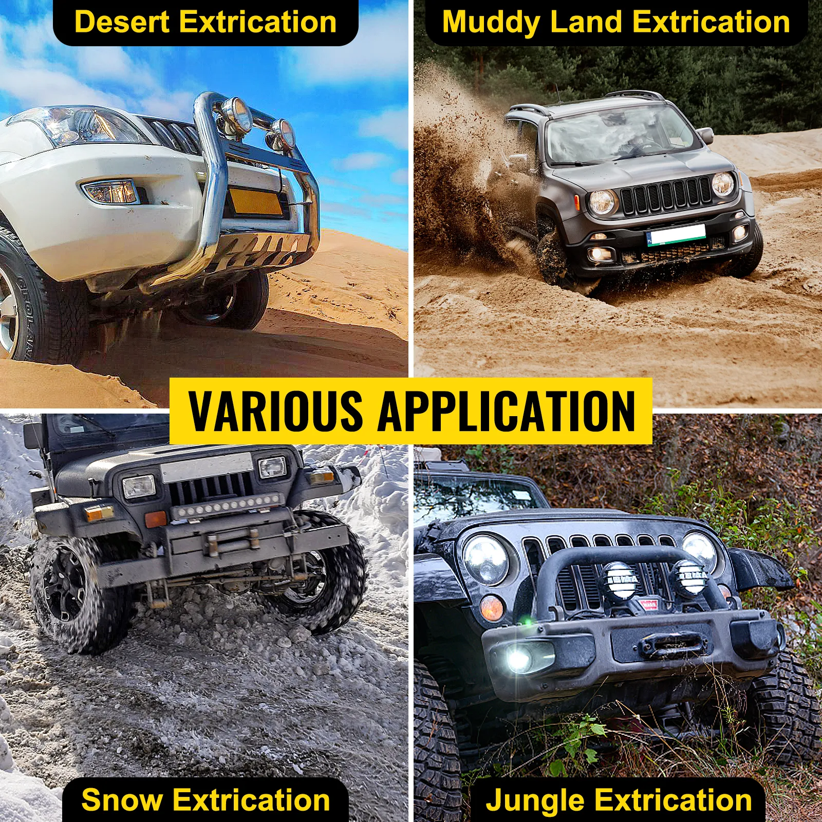 VEVOR kinetic recovery rope used in snow, desert, muddy, and jungle extrications.