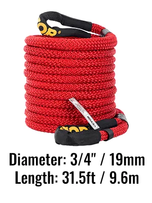 Cuerda de remolque de recuperación cinética VEVOR roja enrollada con especificaciones: 3/4" x 31,5 pies.