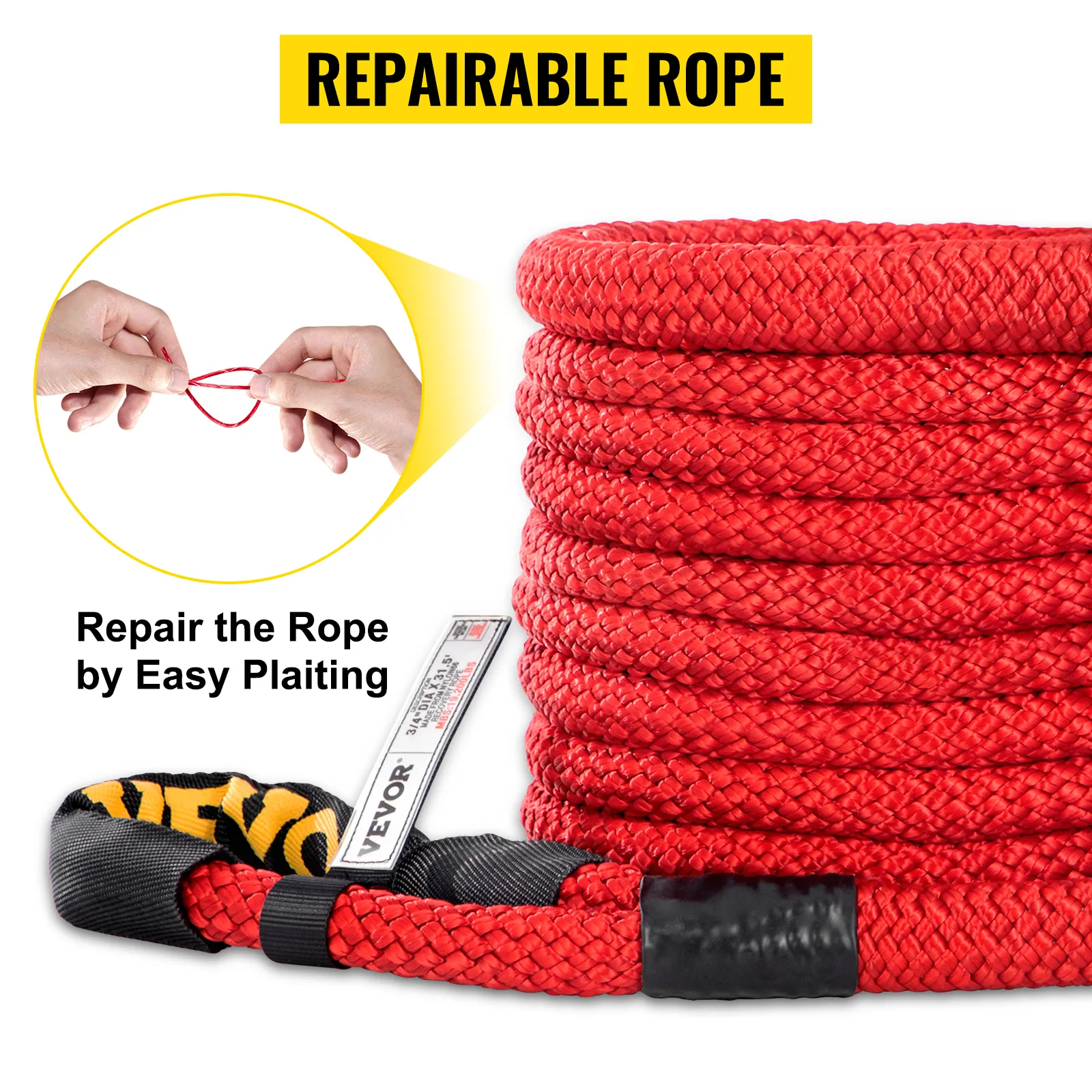 Cuerda de remolque de recuperación cinética VEVOR reparable con instrucciones de trenzado sencillas para soluciones rápidas.