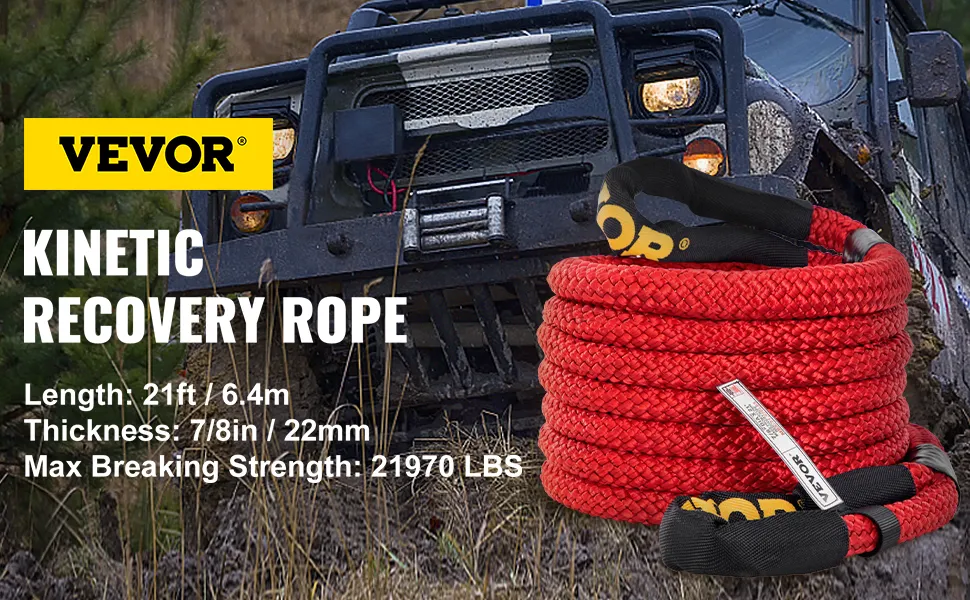 VEVOR kinetic recovery rope with 21970 lbs strength, 21ft length, and 7/8in thickness.