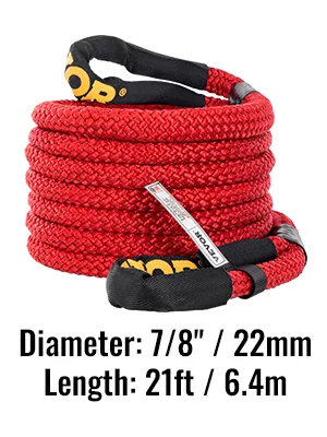 red VEVOR kinetic recovery rope, 7/8" diameter, 21ft length with black end protectors.