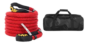 red VEVOR kinetic recovery rope coiled beside a black carrying bag.