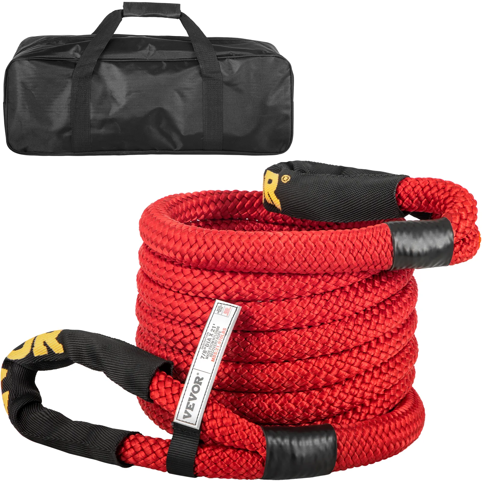 red VEVOR kinetic recovery rope next to its black carrying bag, ideal for off-road recovery.