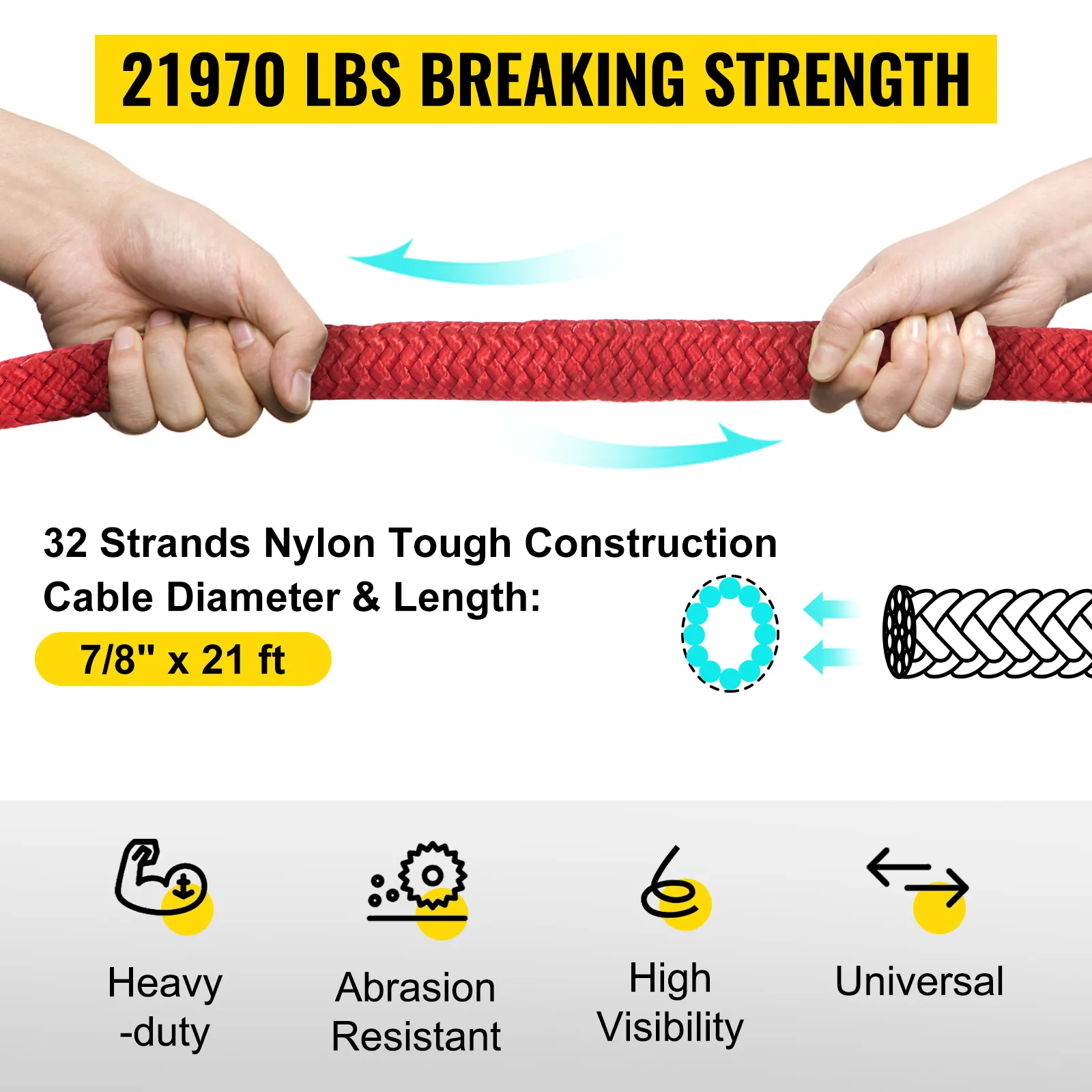 21970 lbs breaking strength VEVOR kinetic recovery rope, 7/8" x 21 ft, nylon, heavy-duty.