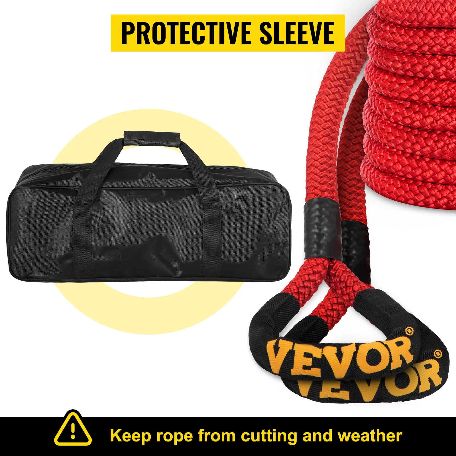 red VEVOR kinetic recovery rope with a black storage bag and protective sleeve.