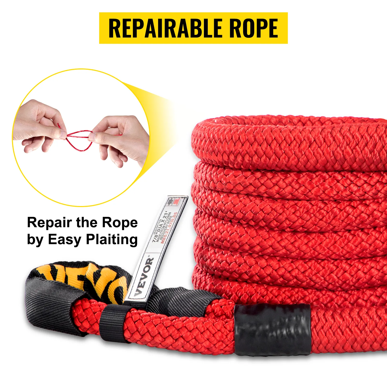 VEVOR kinetic recovery rope in red, repairable by easy plaiting.