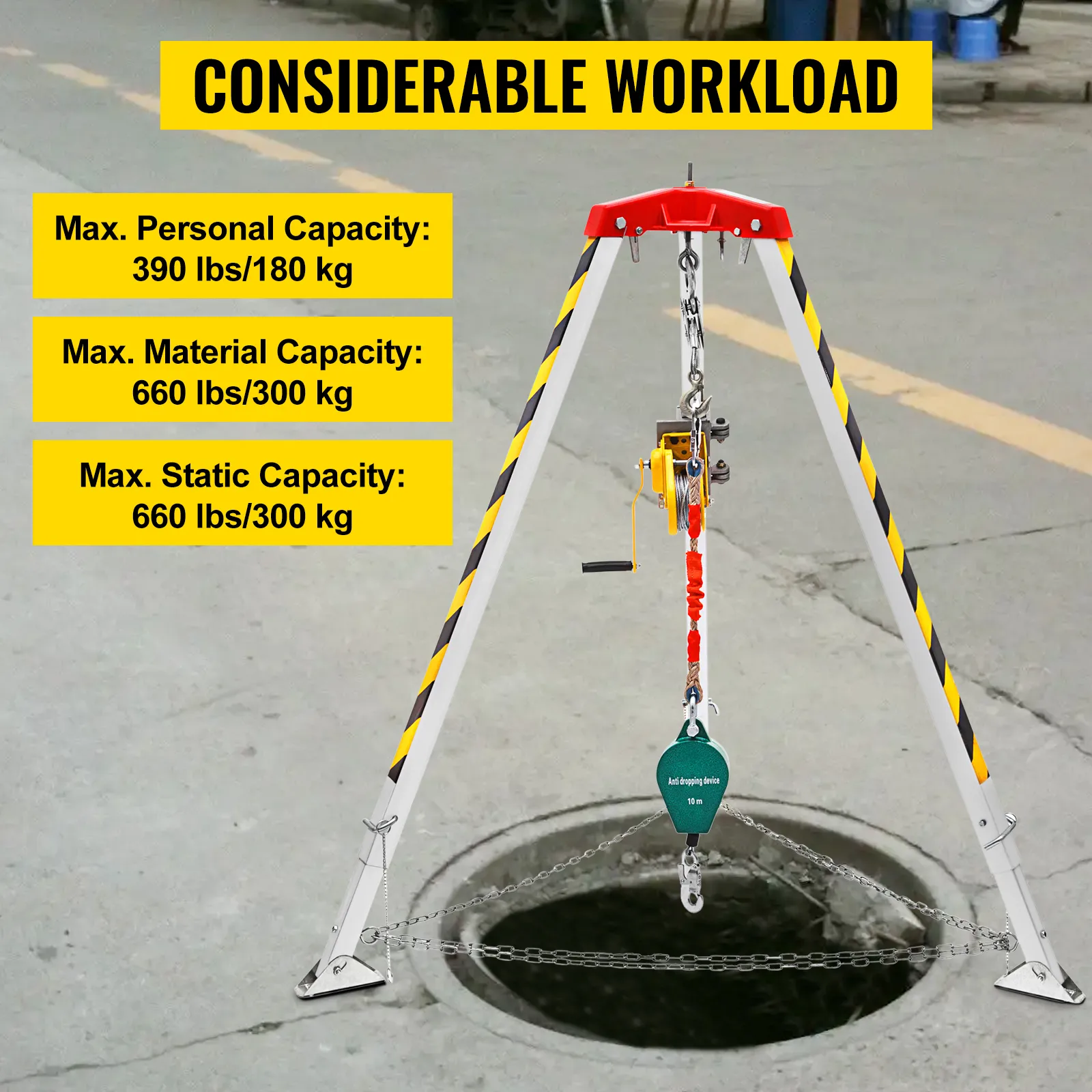 VEVOR confined space rescue kit tripod with capacity details showcased.