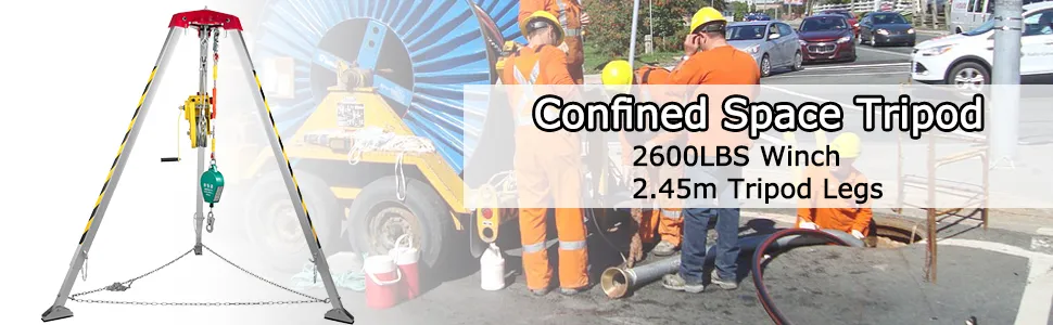 Trípode VEVOR para espacios confinados con cabrestante de 2600 libras y patas de trípode de 2,45 m en uso.