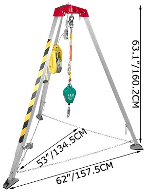 Kit de rescate para espacios confinados VEVOR con dimensiones y características de seguridad.