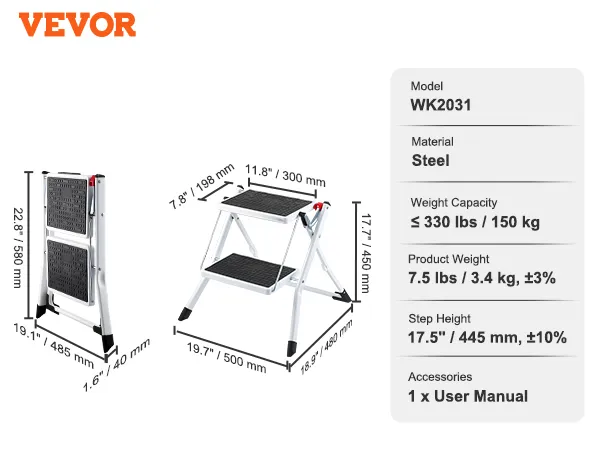VEVOR step ladder wk2031 made of steel, with a weight capacity of 330 lbs and a step height of 17.5 inches.