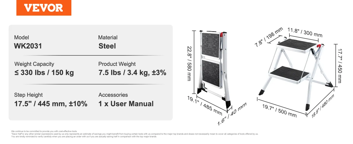 VEVOR step ladder wk2031 made of steel, with a weight capacity of 330 lbs and a step height of 17.5 inches.