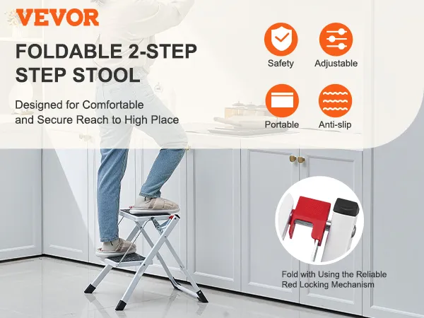 VEVOR step ladder: foldable 2-step stool, adjustable, portable, anti-slip design for safety.