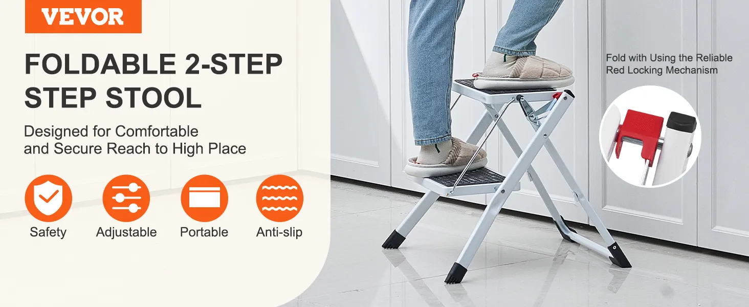 VEVOR step ladder: foldable 2-step stool, adjustable, portable, anti-slip design for safety.
