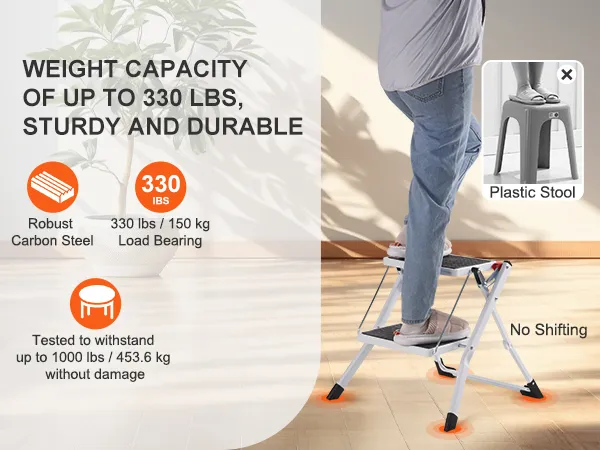 VEVOR step ladder: robust carbon steel, 330 lbs capacity, sturdy and durable, no shifting, better than plastic stool.