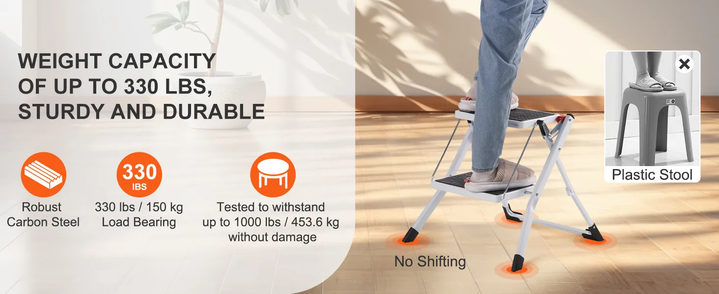 VEVOR step ladder: robust carbon steel, 330 lbs capacity, sturdy and durable, no shifting, better than plastic stool.
